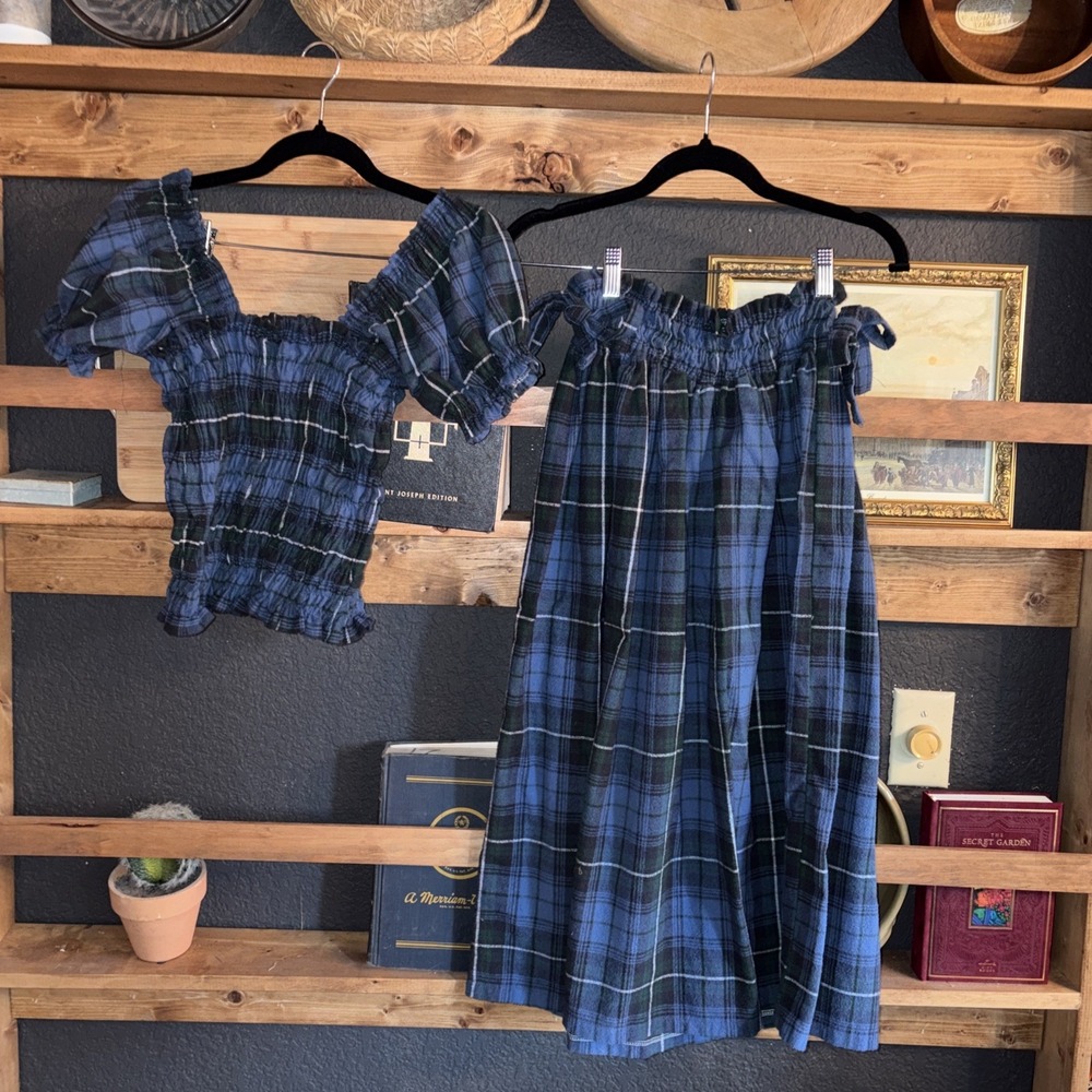 Handmade 100% Cotton Vintage Portugal Flannel Fall Plaid Skirt Top Set M/L